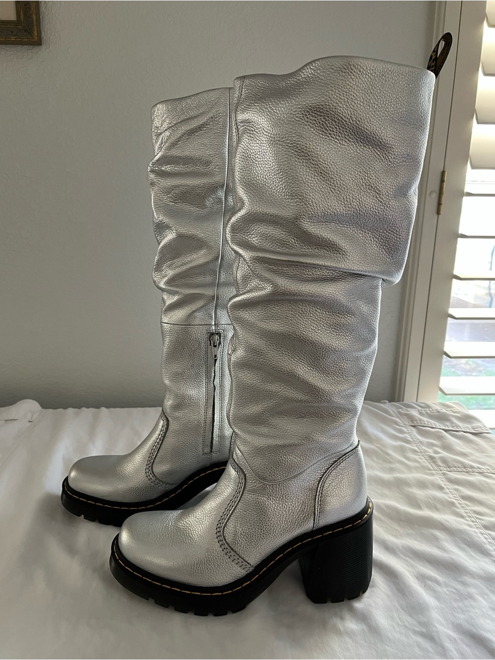 Dr.Martens Kasey Metallic silver leather knee high ruffled boots 9